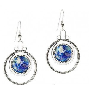 Rafael Jewelry Designer Circular Earrings in Sterling Silver and Roman Glass
 Jewish Jewelry