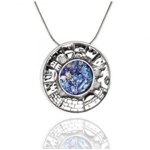 Round Roman Glass Pendant in Sterling Silver with Jerusalem Motif Rafael Jewelry Designer Jewish Necklaces