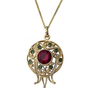 14k Yellow Gold Pendant with Ruby & Emerald in Pomegranate Shape Rafael Jewelry Designer Jewish Jewelry