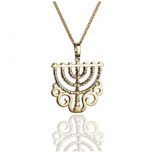 14k Yellow Pendant with Seven Branch Menorah Design Rafael Jewelry Designer Jewish Necklaces