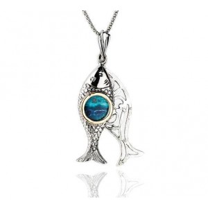 Fish Pendant in Sterling Silver with Eilat Stone & Gold-Plating by Rafael Jewelry Jewish Necklaces
