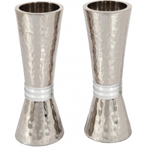 Hammered Nickel Shabbat Candlesticks in Cone Shape with White Ring by Yair Emanuel Yair Emanuel