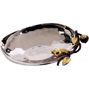 Medium Oval Stainless Steel Bowl with Pomegranate Design by Yair Emanuel Serving Pieces