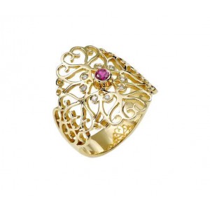 14k Gold Ring with Diamond & Ruby and Heart Motif Rafael Jewelry Designer Jewish Rings