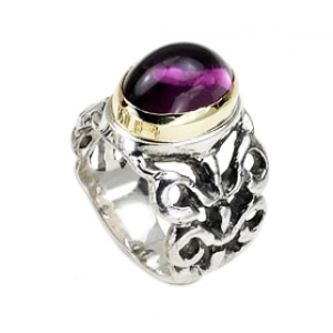 Sterling Silver Ring with Carvings and Garnet Stone Jewish Jewelry