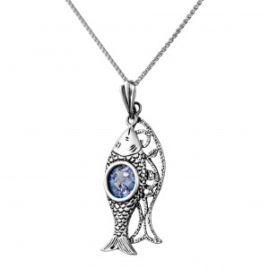 Fish Pendant in Sterling Silver & Roman Glass by Estee Brook Jewish Necklaces