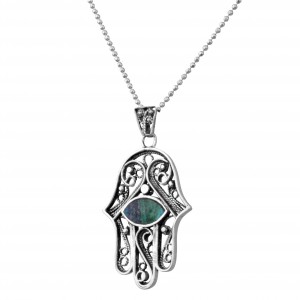 Hamsa Pendant in Sterling Silver & Eilat Stone by Rafael Jewelry Jewish Necklaces