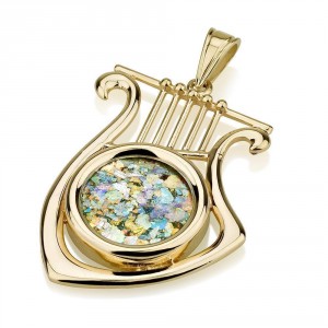 David's lyre Pendant 14K Yellow Gold with Roman Glass by Ben Jewelry Artists & Brands