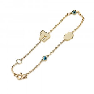 Chai and Evil Eye Bracelet in 14K Yellow Gold By Ben Jewelry Bat Mitzvah