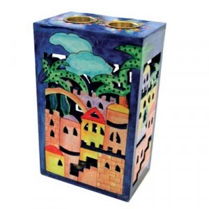 Yair Emanuel Wooden Painted Candlestick Box with Jerusalem Design Shabbat Candlesticks