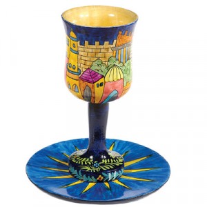 Yair Emanuel Wooden Kiddush Cup Set with Tower of David Depiction Kiddush Cups