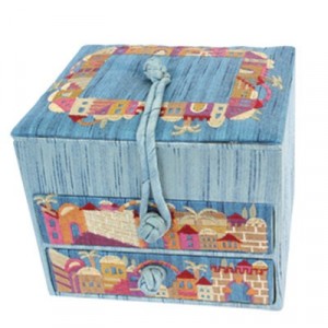 Yair Emanuel Embroidered Jewellery Box With Jerusalem in Blue Yair Emanuel