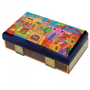 Yair Emanuel Kitchen Sized Wooden Matchbox Holder with Jerusalem Vistas Design Hanukkah Gifts