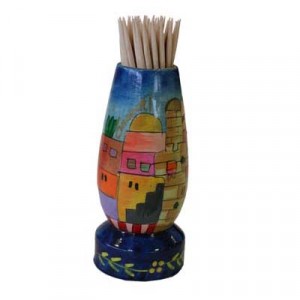 Yair Emanuel Painted Wooden Toothpick Stand with Jerusalem Vista Jewish Home