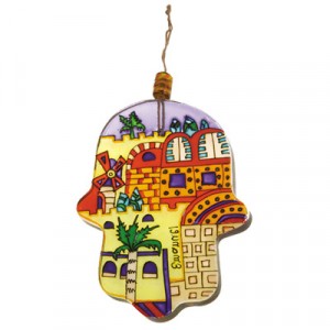 Painted Glass Hamsa by Yair Emanuel with a Jerusalem Scene Jewish Home