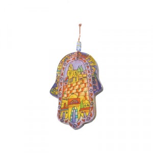 Painted Glass Hamsa with a Jerusalem Scene by Yair Emanuel  Jewish Home
