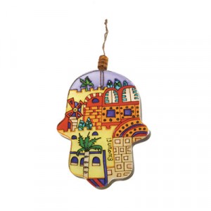 Hamsa with a Scene of a Montefiore Windmill by Yair Emanuel  Modern Judaica