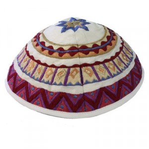 Yair Emanuel White and Magenta Patterned Machine Embroidered Kippah Kippot