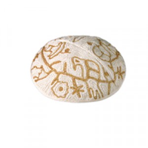 Yair Emanuel White and Gold Cotton Hand Embroidered Kippah with Bird Motif Kippot