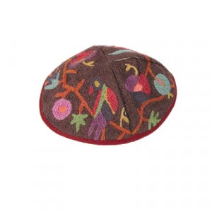 Yair Emanuel Bordeaux Cotton Hand Embroidered Kippah with Bird Motif Bar Mitzvah