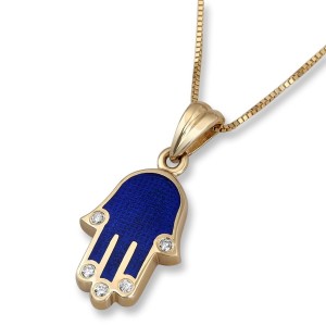 14K Gold Hamsa Pendant with Blue Enamel and Diamonds Anbinder Jewelry