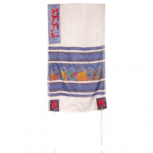 Yair Emanuel Hand Painted Tallit with Twelve Tribes Insignia in White Silk Modern Tallit