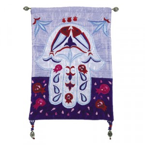 Yair Emanuel Raw Silk Embroidered Small Wall Decoration with Hamsa in Blue Artists & Brands