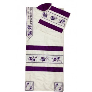 White Silk Tallit with Purple Pomegranates and Hebrew Blessing Traditional Judaica