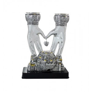 Silver Polyresin Shabbat Candlesticks with Jerusalem and Blessing Hand Stems Candle Holders & Candles