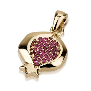14k Yellow Gold Ruby and Soft Surface Pomegranate Pendant Jewish Necklaces