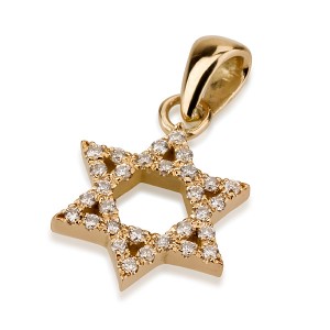 Pingente de Estrela de David de Ouro Amarelo 18k com  Diamantes Incrustrados e Superfície Macia Jewish Jewelry