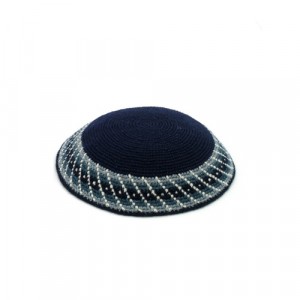 15 cm navy blue knitted kippah with grey patterned border Jewish Occasions