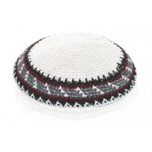 15 Centimetre White Knitted Kippah with Black, Red and Grey Geometric Pattern Kippot