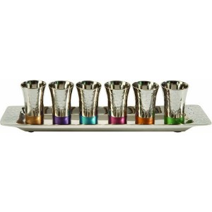 Yair Emanuel Nickel Wine Cup Set with Hammered Pattern and Multicolor Rings Wine Sets