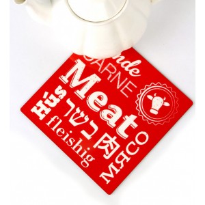 Bright Red Trivet with White Text and Cow Head by Barbara Shaw Tableware
