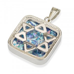 Star of David Pendant in Silver Square with Roman Glass DEALS