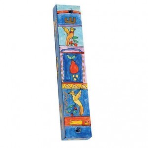 Hand painted Mezuzah with Doves in Wood-Yair Emanuel Artists & Brands