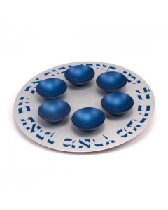 Blue Aluminum Seder Plate with Hebrew Text and Six Bowls Seder Plates