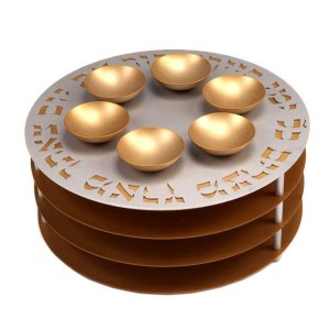 Gold Aluminum Seder Plate with Matzah Plates, Hebrew Text and Six Bowls Seder Plates