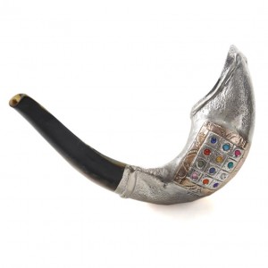 Ram's Horn Polished with Silver Sleeve & Choshen Design by Barsheshet-Ribak Traditional Rosh Hashanah Gifts