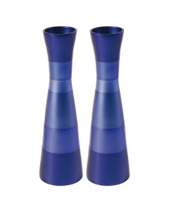 Yair Emanuel Anodized Aluminum Shabbat Candlesticks with Blue Stacked Rings Candle Holders & Candles