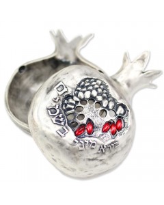 Silver Pomegranate Spice Holder with Hebrew Text and Red Crystals Havdalah Sets and Candles