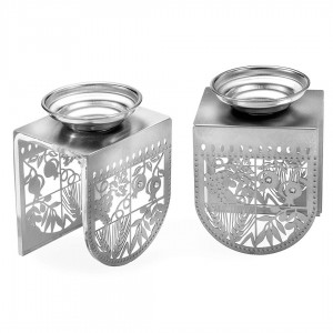 Dorit Judaica Stainless Steel Candlesticks With Laser-Cut Seven Species Design Candle Holders