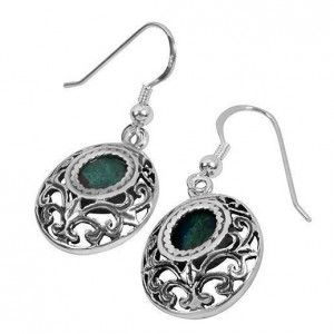 Rafael Jewelry Round Sterling Silver Earrings with Eilat Stone and Vintage Carvings Israeli Earrings