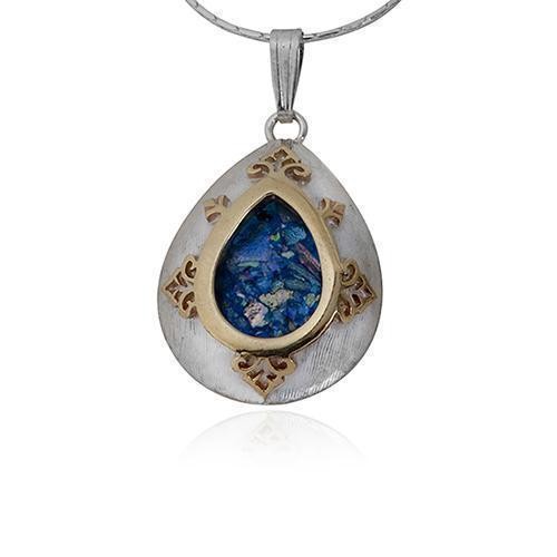 Pendant in Silver & 9k Yellow Gold with Roman Glass in Drop Shape by Rafael Jewelry
