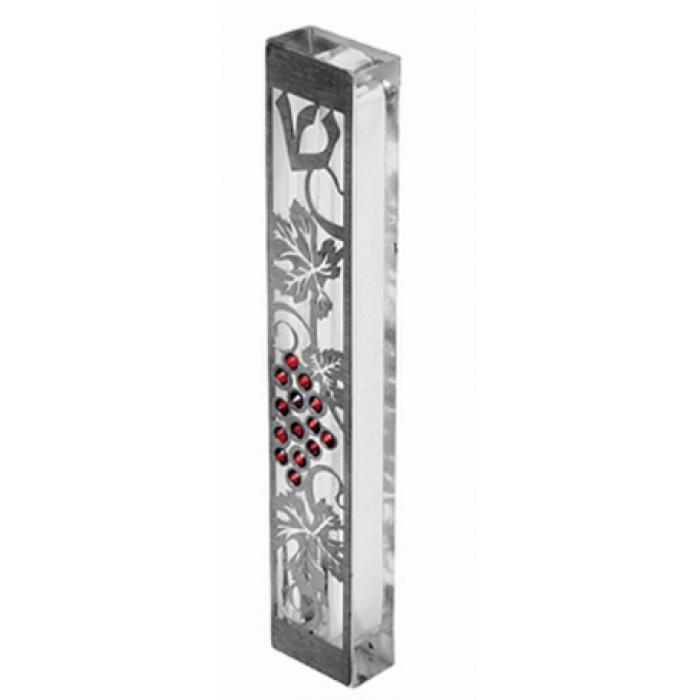 Clear Mezuzah with Silver Grape Decoration & Red Gems