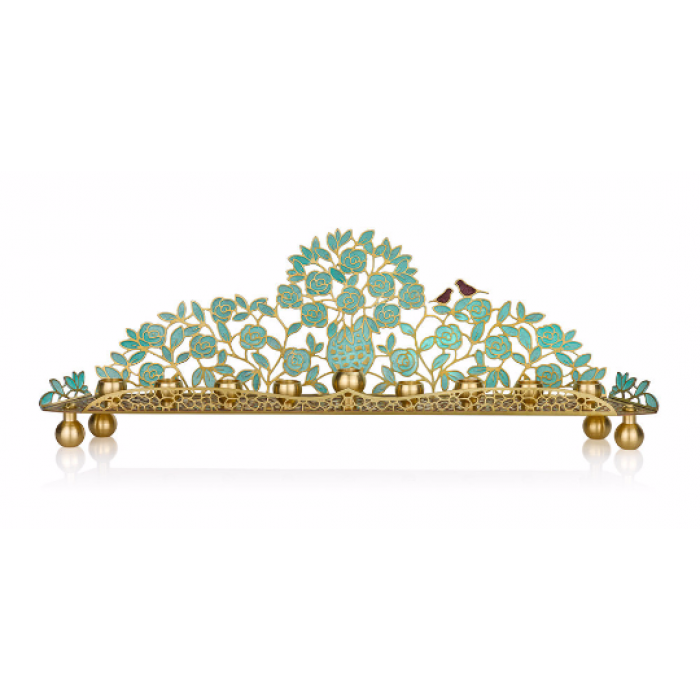 Orit Grader Menorah in Brass with Floral Green Motif