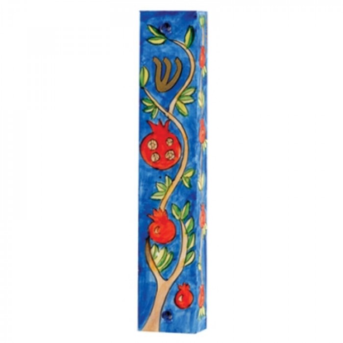 Yair Emanuel Small Wooden Mezuzah With Pomegranates on Blue Setting