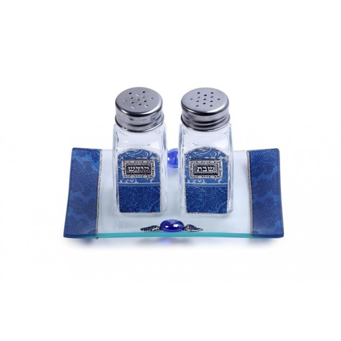 Shabbat Glass Salt and Pepper Shakers with Electric Blue