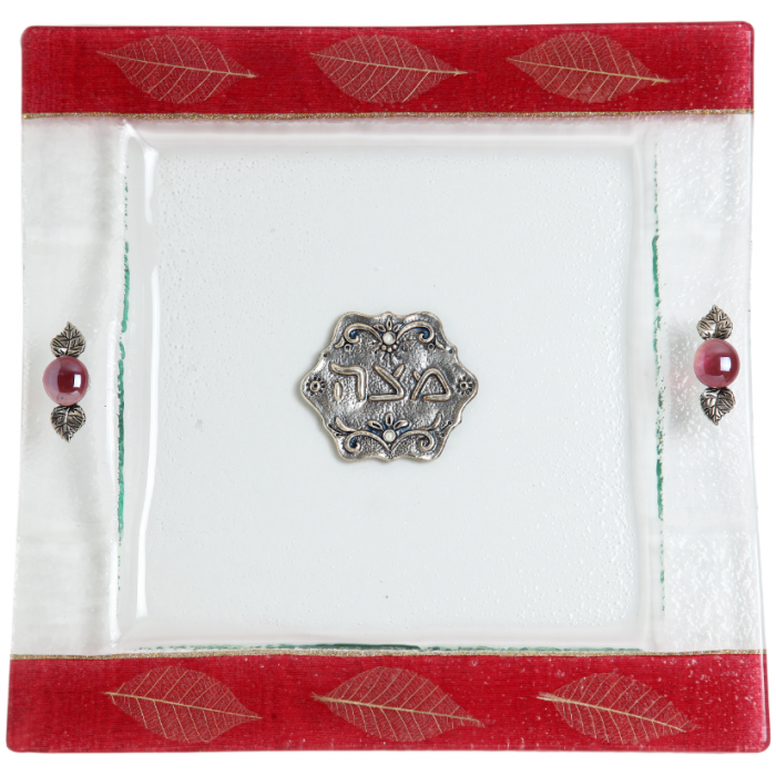 Glass Matzah Plate with Leaves on Deep Red